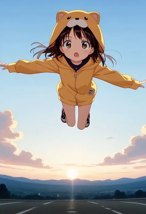 score_9, source_anime, anime_coloring, anime_screencap, 1girl, solo, animal hood, dynamic angle, sky, jumping, sunset