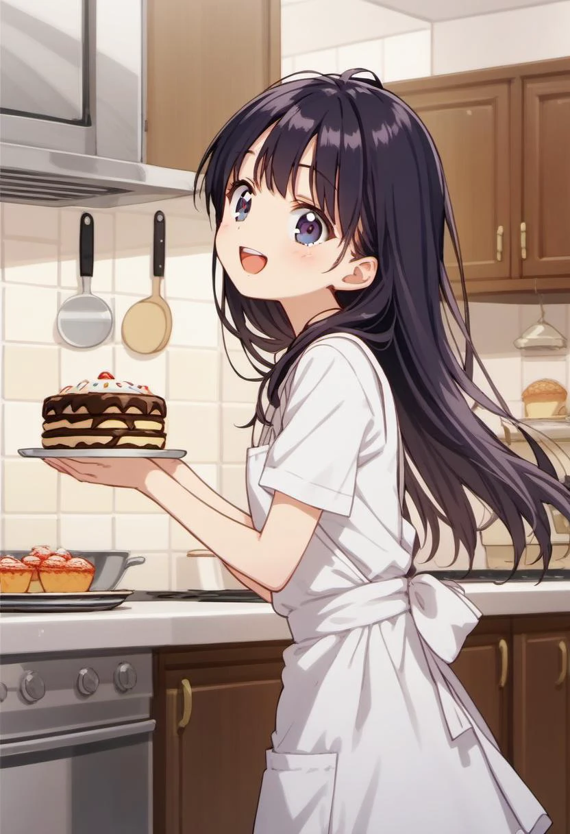 score_9, source_anime, anime_coloring, anime_screencap, 1girl, solo, apron, kitchen, from side, sweets, happy, cowboy shot, open mouth, long hair, short sleeves
