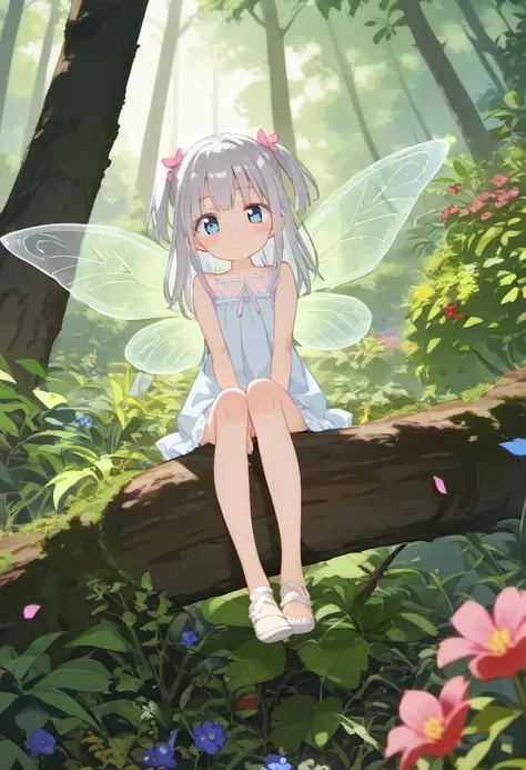score_9, source_anime, anime coloring, anime_screencap, 1girl, nature, tree, plants, flowers, petal, bush, moss, sitting on tree, petite, fairy, fairy wings, silver hair, bare legs, two side up
