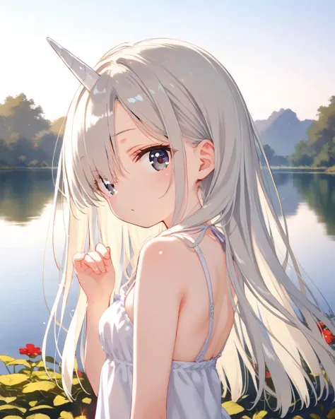 score_9, source_anime, anime coloring, 1girl, unicorn girl, solo, white unicorn horn, human ears, grey white eyes, tareme, sacred existence, untouchable, looking back, head tilt, hand up, platinum blonde longhair, hair over eye, holy sundress, medium breast, upper body, shiny skin, pale skin, secluded regions, lake, standing on lake surface, sunlight shadow, dof