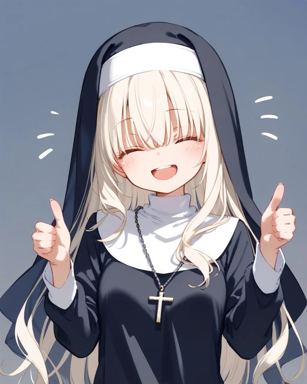 score_9, source_anime, line art, rough outline, sketch:1.2, rough sketch, contour drawing, doodle, multiple monochrome, limited palette, 1girl, solo, nun, hair over eyes, platinum blonde hair, fluffy wavy long hair, cross pendant, medium breasts, standing, hands up, thumbs up gesture, (super happy smile:1.2), closed eyes, upper body, white background
