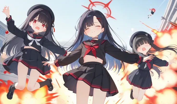 3girls, trio, background (explosion),
<lora:justice task force mob_blue archive_PONY_last:0.3> seijitsu-eyes,justice task force member \(blue archive\),red eyes,hair over eyes, black hair,halo,choker,beret,black serafuku,skirt,black socks,black footwear, scared, escape, jumping, explosion,
<lora:spbaIchikaXLPony:0.7> (eyes closed:1.3), ichikadef, hairclip, halo, black serafuku, black sailor collar, red neckerchief, black shirt, black skirt, black gloves, black choker, armband, long sleeves, black wings, phone, cowboy shot, explosion,
<lora:justice task force mob_blue archive_PONY_last:0.3> seijitsu-noeye,justice task force member \(blue archive\),(no eyes:1.2),hair over eyes, black hair,halo,choker,beret,black serafuku,skirt,black socks,black footwear, scared, escape, jumping, explosion,