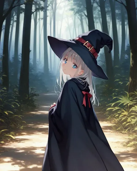 score_9, source_anime, anime_coloring, limited color, 1girl, solo, witch, mantle, robe, boots, shadow girl, looking back, head tilt, deep forest, darkness, eerie atmosphere, upper body
