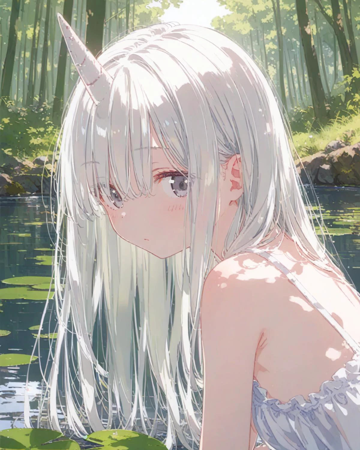 score_9, anime coloring, 1girl, unicorn girl, solo, white unicorn horn, grey white eyes, tareme, sacred existence, untouchable, kneeling, looking back, head tilt, platinum blonde longhair, hair over eye, holy sundress, medium breast, upper body, albino, shiny skin, pale skin, secluded regions, small lake, forest, kneeling on lake surface, sunlight shadow, dof, close up, close range