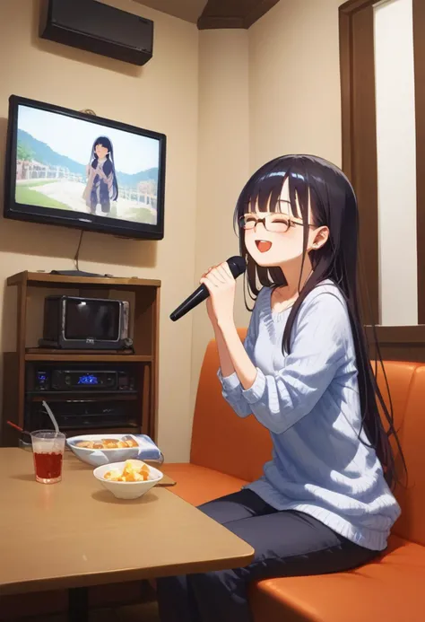 score_9, score_8_up, score_7_up, rating_safe, masterpiece, best quality, absurdres, unity 8k wallpaper, official art, official style, source_anime, uncensored, game cg, megami magazine,
1girl, solo, glasses, black hair, long hair, ribbed sweater, pants, happy, smile, closed eyes, open mouth, holding microphone, karaoke, sitting,
karaokeroom, scenery, table, door, indoors, couch, screen,joypad, microphone, television,
<lora:karaoke_room_PONY_V3A:0.8>
