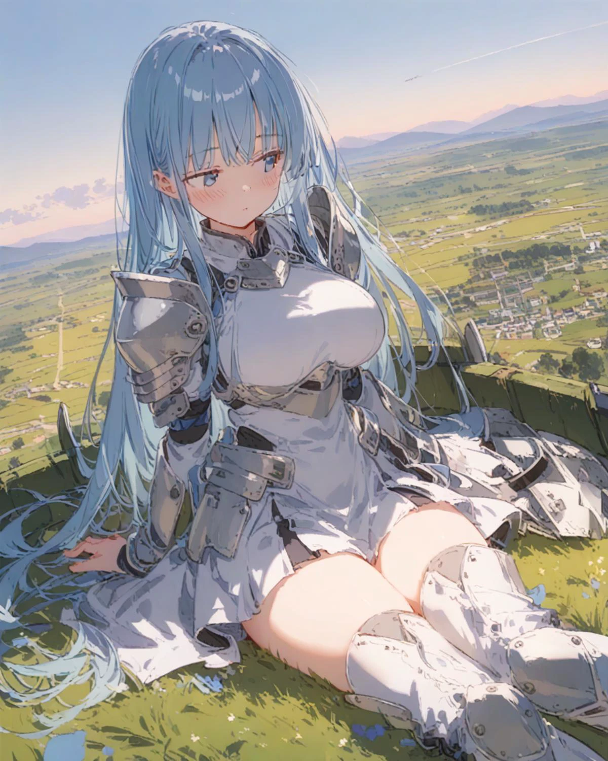 score_9, anime_coloring, 1girl, master fencer, blue check skirt, thighhighs, long boots, white armor dress, medium long hair, long sleeves, sword scabbard and shield beside her, blue longhair, resting, inner thighs, large breast, looking away, blush, landscape, from front