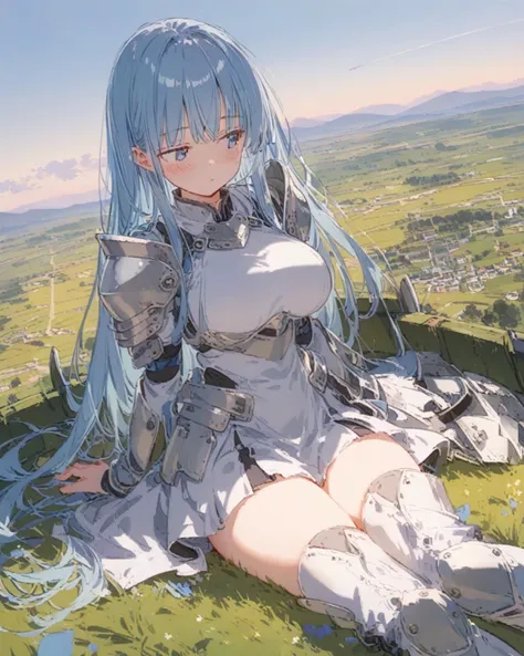 score_9, anime_coloring, 1girl, master fencer, blue check skirt, thighhighs, long boots, white armor dress, medium long hair, long sleeves, sword scabbard and shield beside her, blue longhair, resting, inner thighs, large breast, looking away, blush, landscape, from front