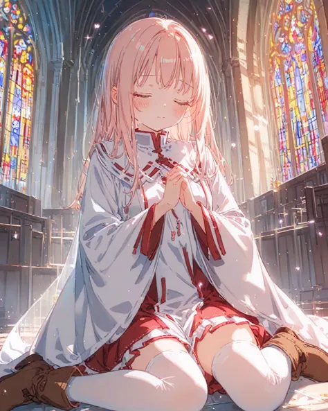 score_9, anime_coloring, 1girl, healer, white mage, skirt, thighhighs, short boots, medium long hair, long sleeves, pink longhair, (closed eyes, long lower eyelashes:1.2), kneeling, praying, inner thighs, medium breast, closed mouth, blush, church, light particles, from front