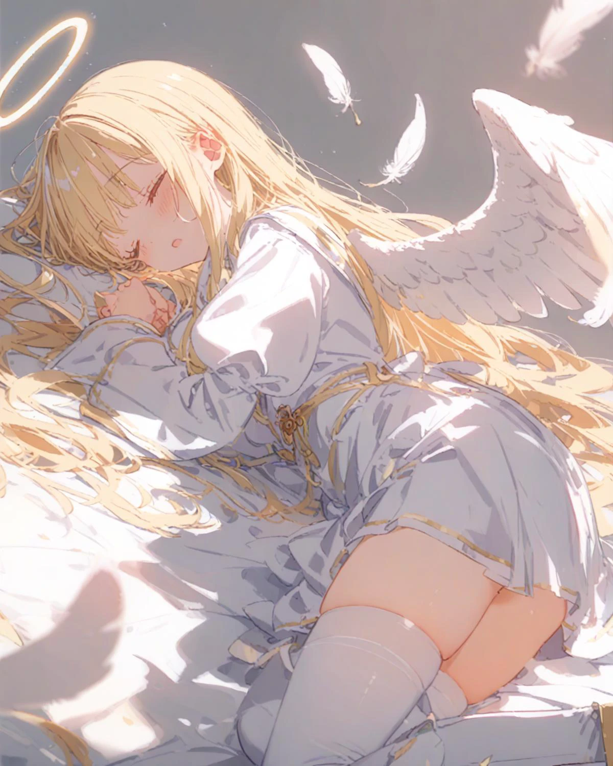 score_9, anime_coloring, 1girl, angel, angel girl, pink healer uniform, priestess, skirt, thighhighs, short lace up boots, angel wings, medium long hair, long sleeves, blonde longhair, (closed eyes, empty eyes, long lower eyelashes:1.2), lying, sleeping, inner thighs, large breast, open mouth, blush, simple background, feathers dance, from front