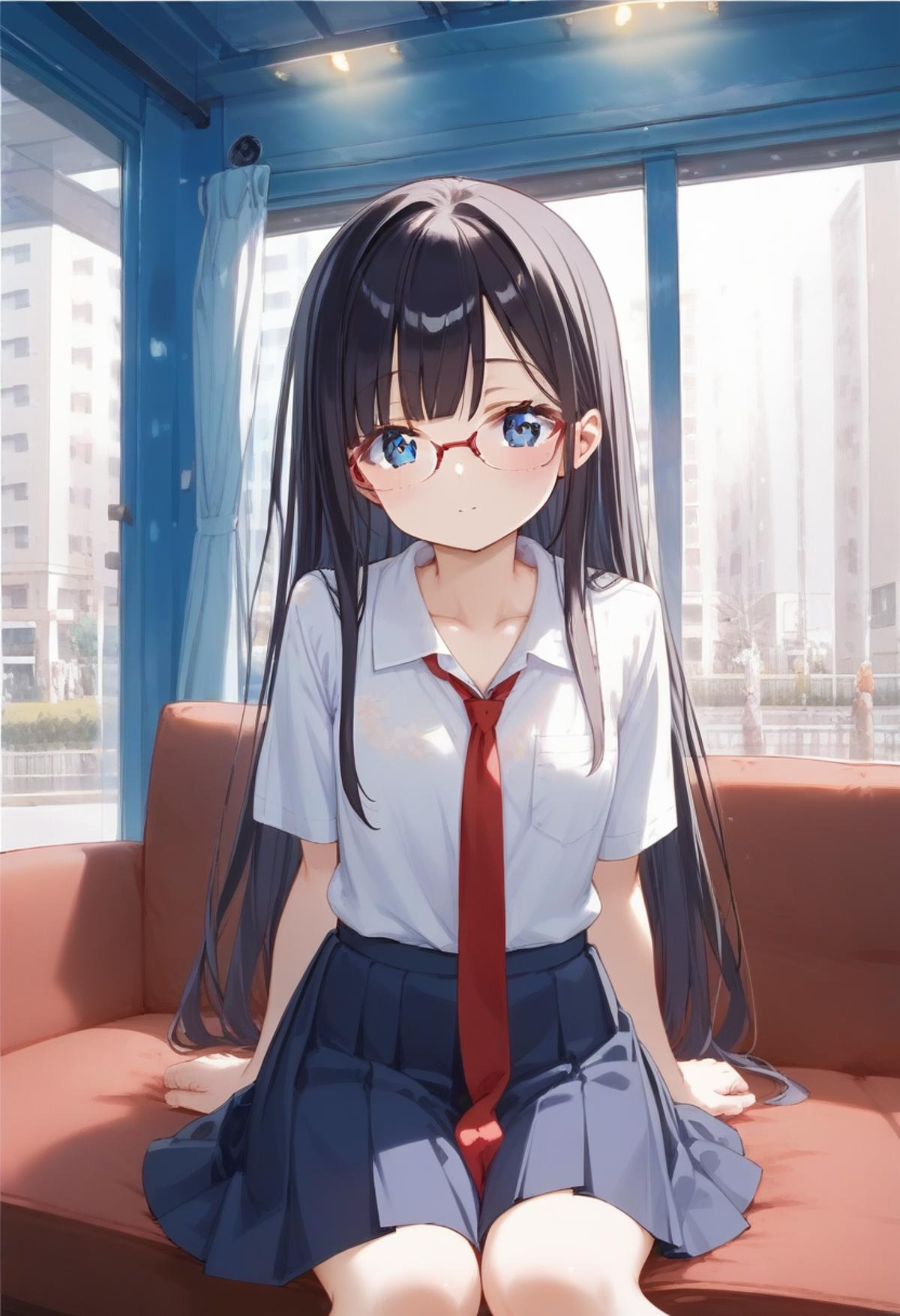 Anime girl sitting on a couch with a red tie and blue eyes - SeaArt AI