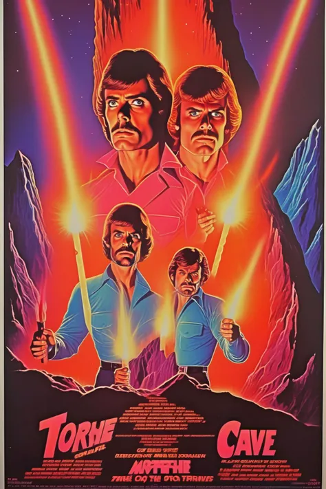 <lora: Poster:1>Movie Poster - movieer in the style of Richard Amsel, two men in front of a glowing cave with torches