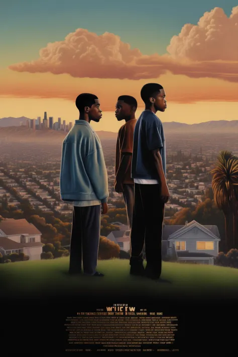 <lora:Movie Poster:1>Movie Poster - a film poster showing two black brothers facing a small expensive house on a hill overlooking the Los Angeles skyline