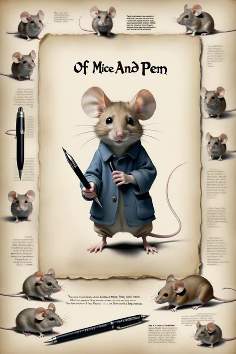 Poster page "Of Mice and Pen" text:"Of Mice and Pen"<lora:EMS-251729-EMS:0.800000>, <lora:EMS-371669-EMS:0.900000>