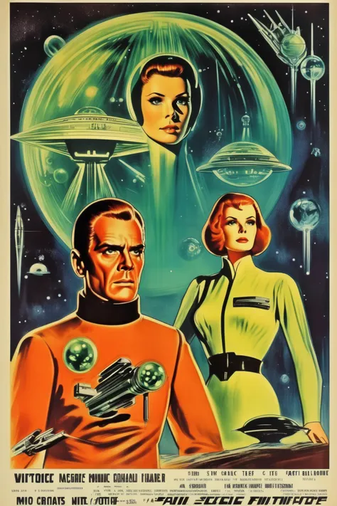 <lora:Movie Poster:1>Movie Poster - a vintage poster for a science fiction movie including movie name