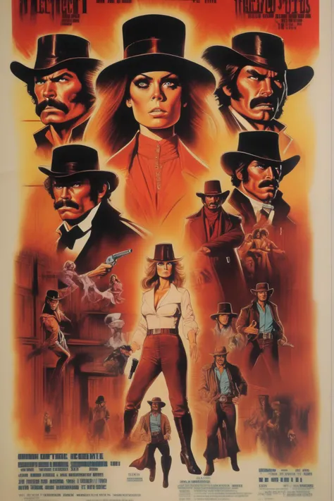 <lora: Poster:1>Movie Poster - movieer for a 1970's action movie abou800's female doctor, a priest and 3 cowboys fighting triad members in a alley
