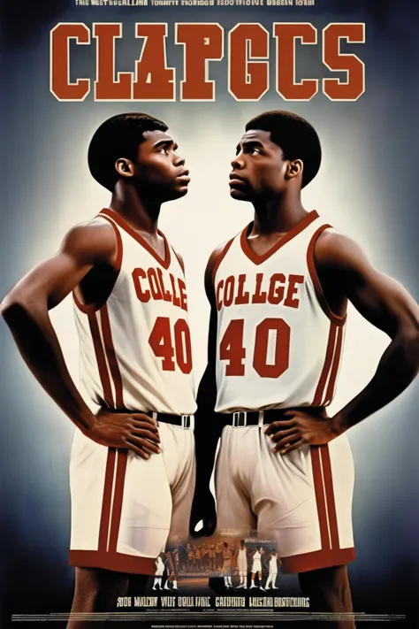 <lora: Poster:1>Movie Poster - sports movieer of two black college basketball players facing each other, one 20 years old and the other 40 years old