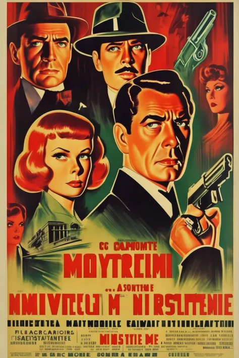 <lora: Poster:1>Movie Poster - a vintage poster for a mystery movieuding the title and credits