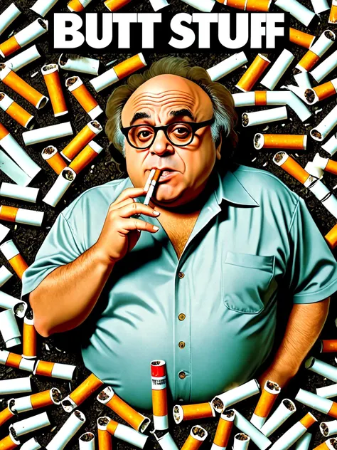 Poster,text logo "Butt Stuff",starring Danny Devito,surrounded by ashtrays with cigarette butts.,<lora:Movieer:0.8>,