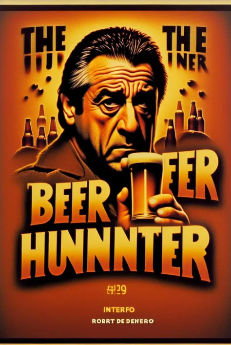 text logo "The Beer Hunter". poster page. The Beer Hunter, starring Robert De Niro<lora:Harrlogos_v2.0:1><lora:Movieer:1>