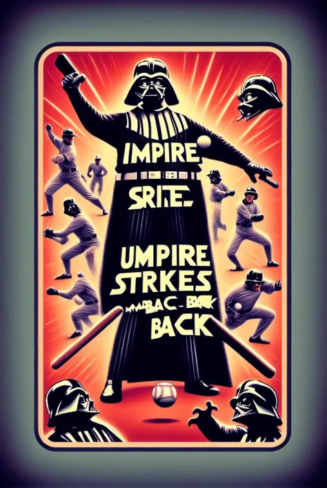 text logo "Umpire Strikes Back".<lora: Poster:1> Movieer page. Umpire Strikes Back. Darth Vader , Baseball. <lora:Harrlogos_v2.0:1>