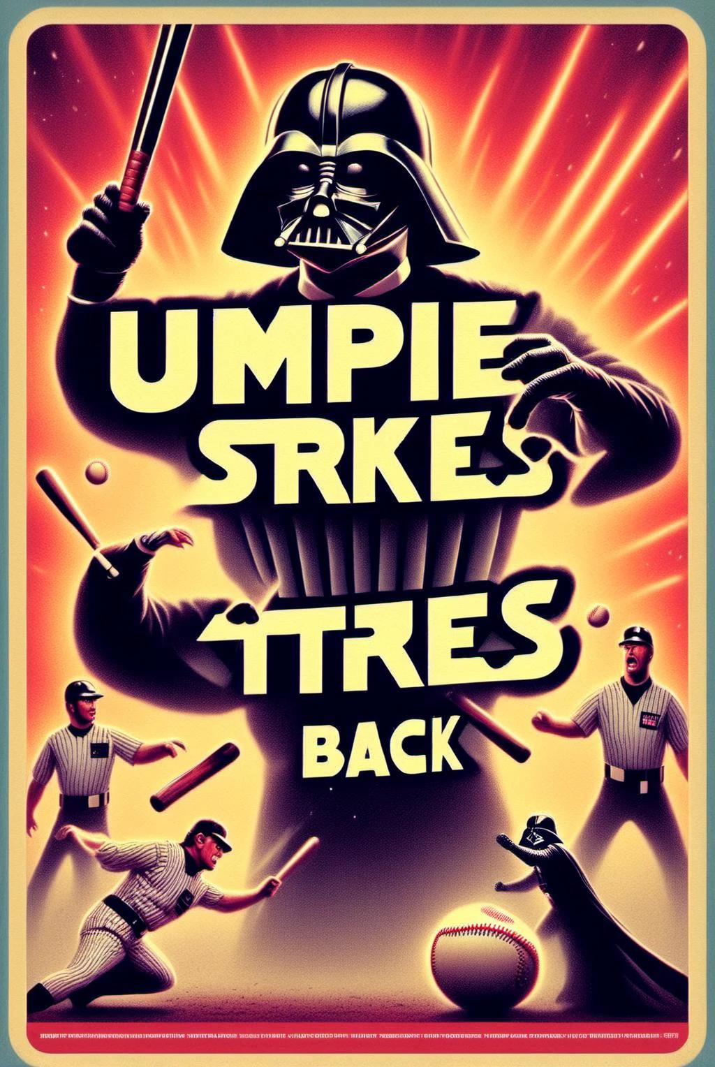 text logo "Umpire Strikes Back".<lora:Movie Poster:1> Movie Poster page. Umpire Strikes Back. Darth Vader , Baseball. <lora:Harrlogos_v2.0:1>