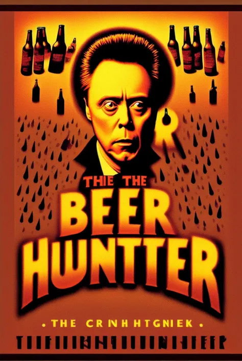 text logo "The Beer Hunter". poster page. The Beer Hunter, starring Christopher Walken<lora:Harrlogos_v2.0:1><lora:Movieer:1>