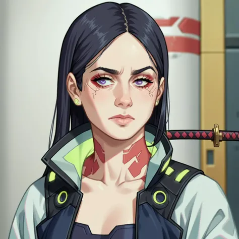 score_9, score_8_up, score_7_up, score_6_up,source_anime,anime 2d, anime screencap, a cyberpunk edgerunners woman with a futuristic katana, with black hair and purple eyes, face, lixcollins, <lora:licollins_v2_ponyxl_aut_xl_2_st_wicap-lixcollins-000073:1.00>