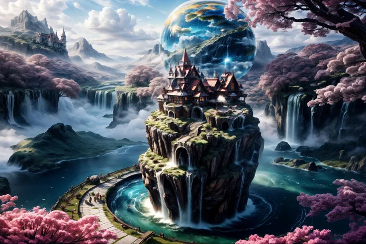 clock_realm,clock,((masterpiece)),((best quality)),8k,high detailed,ultra-detailed,illustration,concept art,fantasy,a floating island,candy tree,porcelain house, (floating waterfalls:1.1),(floating islands in the sky:1.2),magical creatures,capturing the otherworldly beauty of a floating fantasy realm