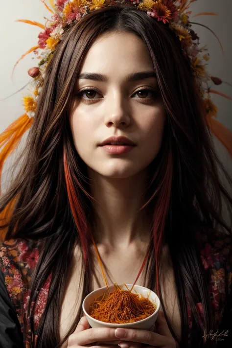 art by Ryohei Hase Saffron's Fiery Threads: Zoom in on the delicate threads of saffron, revealing the intricate patterns and vibrant colors of this precious spice. (close-up, food, warm tones)