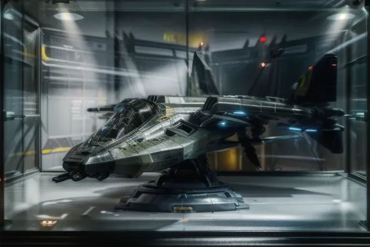 1 vehicle,
landed gladius, military, vehicle, jet, thrusters, (figrne, on a base, behind glass case)
8k,