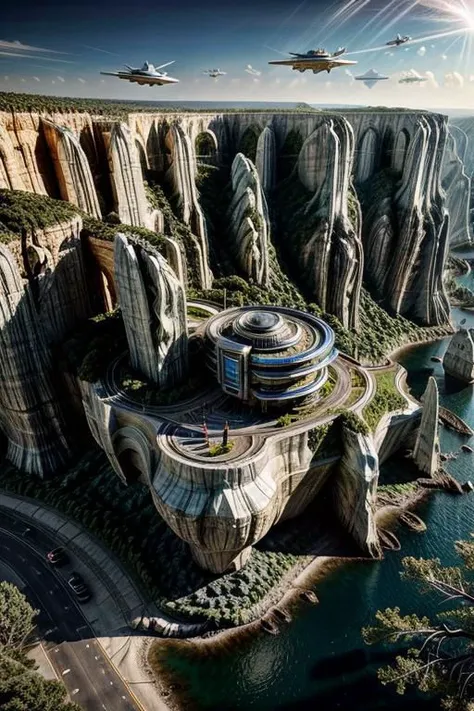 (This model represents an imagination of a future city, dominated by light-colored landmarks and accompanied by a handful of aircraft.:1.7),future_skyline,
(Spectacular rocks, breathtaking cliffs, diverse trees:1.6),
(extra long shot, wide-angle lens, aerial photo:1.5),(POV, DOF:1.2),
(large file, super realistic, 4k, 8K, 16k, FHD, HD, VFX , perfect, photograpy, super high resolution, cinematic photography:1.2),   
(extra long shot, wide-angle lens, POV, DOF:1.1), 
(creeping fogs, dust shining in the light:1.1),
(harmonious color:1.1),
(classical, ancient culture, mystery, Spectacular, Luxurious, elegance, perfect design:1.2),
(Future|Science|Industry|Machinery_style),
[[traffic:**|windows:**|railing:**|stair:**|balcony:**|terrace:**|crowd:**|Sidewalk:**|vehicle:**|trees:**|equipment:**| detailed signal:**]_details:0.7],
[[marble:**|granite:**|concrete :**|tile:**|metal:**|fabric fiber:**|glass:**|foliage:**]_material texture:0.8],
[[urban landscape:**|moon:**|nature landscape:**:|changeable cloud:**]:0.75],
[skyscraper:**|building:**|viaduct:**|future city:**|MRT:**|park:**|neon sign:**_urban landscape::0.85],
(blurred background:1.2),
[(background, more_details:0.3), (more_details:0.6), (more_details:0.8),
(more_details:1.2):0.25],