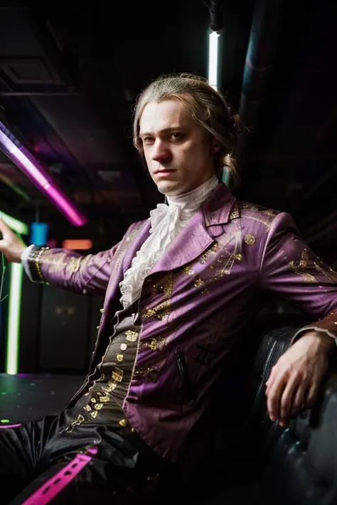 ((Wolfgang Amadeus Mozart on a rave)), dxhr style, neon lights, striking eyes, large color contrast between hair and background, focal points converging to aesthetic and colorful image, bright laser lights