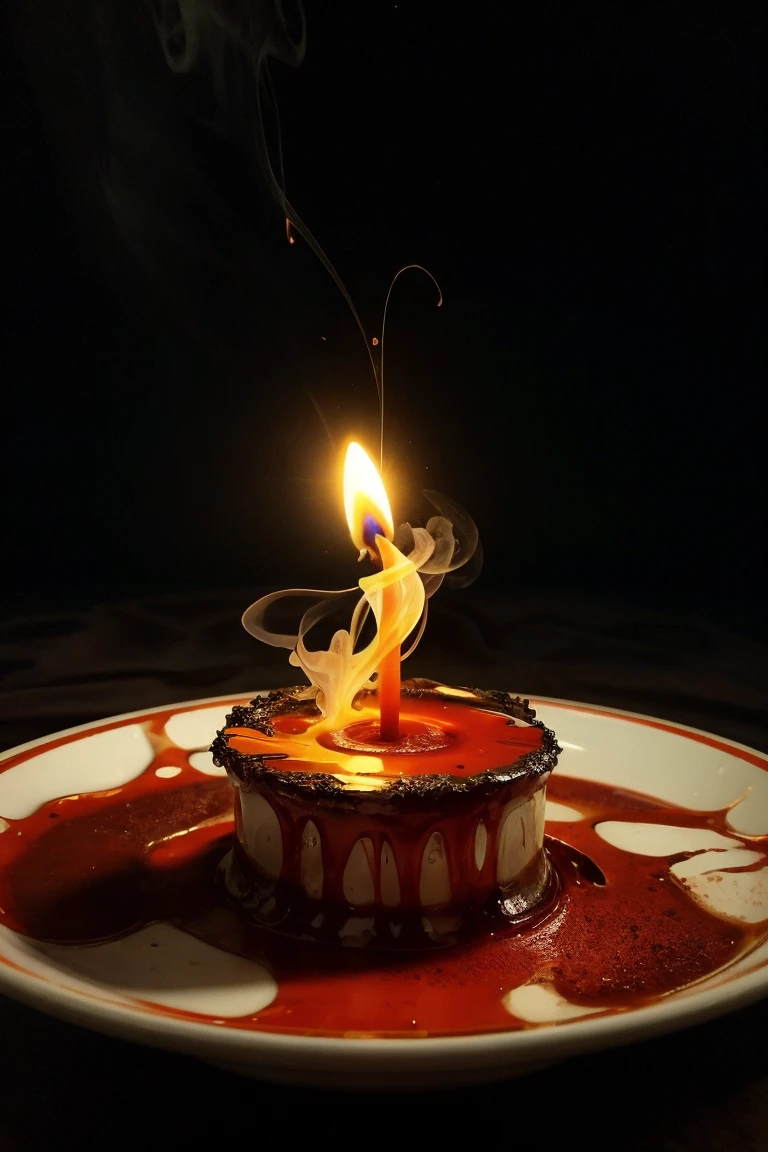 art by Alberto Seveso Melting Candle Wax: Close-up of melting candle wax, capturing the intricate flow patterns, glowing embers, and wispy smoke trails. (macro, abstract, warm tones, melting)