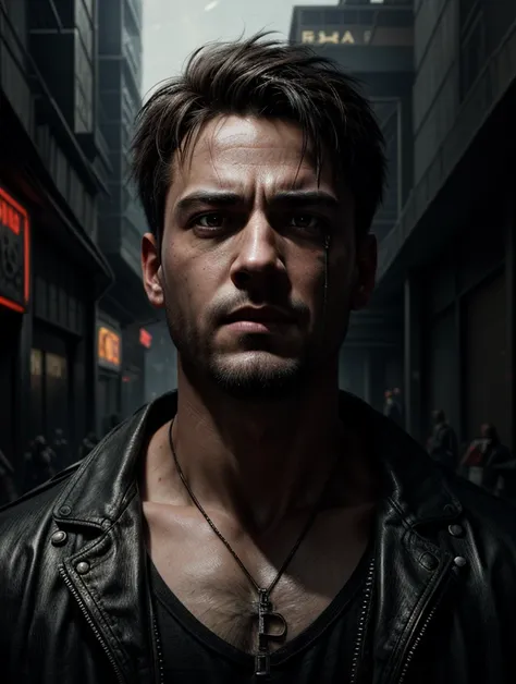 1boy,portrait of a man in cyberpunk world,epic composition,12K,hyperrealism,unforgettable,in the style of mike deodato,realistic detail,realistic hyper-detailed rendering,realistic painted still lifes,insanely intricate,absurdres,short hair,(smile:0.6),