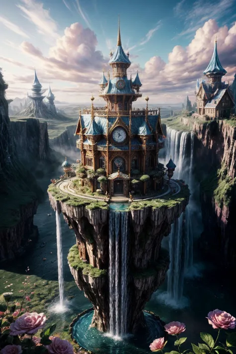 clock_realm,clock,((masterpiece)),((best quality)),8k,high detailed,ultra-detailed,illustration,concept art,fantasy,a floating island,candy tree,porcelain house, (floating waterfalls:1.1),(floating islands in the sky:1.2),magical creatures,capturing the otherworldly beauty of a floating fantasy realm