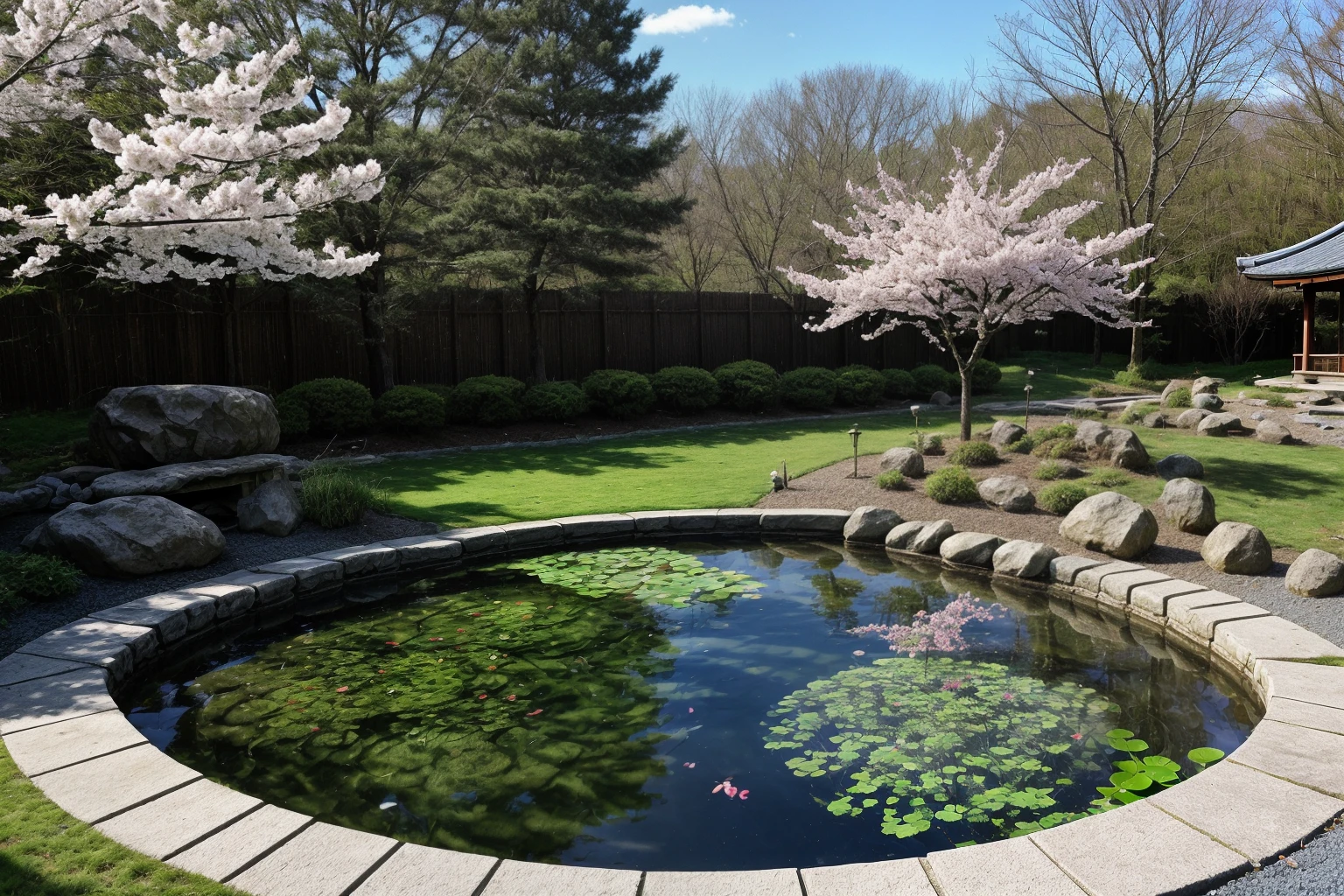 spring, cherry tree, green grass, forrest, japanese pond, stones, crystaline water, blue sky crystaline water