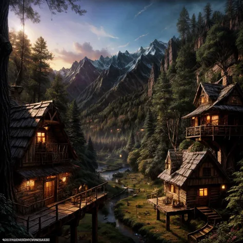 valley, fairytale treehouse village covered, matte painting, highly detailed, dynamic lighting, cinematic, realism, realistic, photo real, sunset, detailed, high contrast, denoised, centered, michael whelan