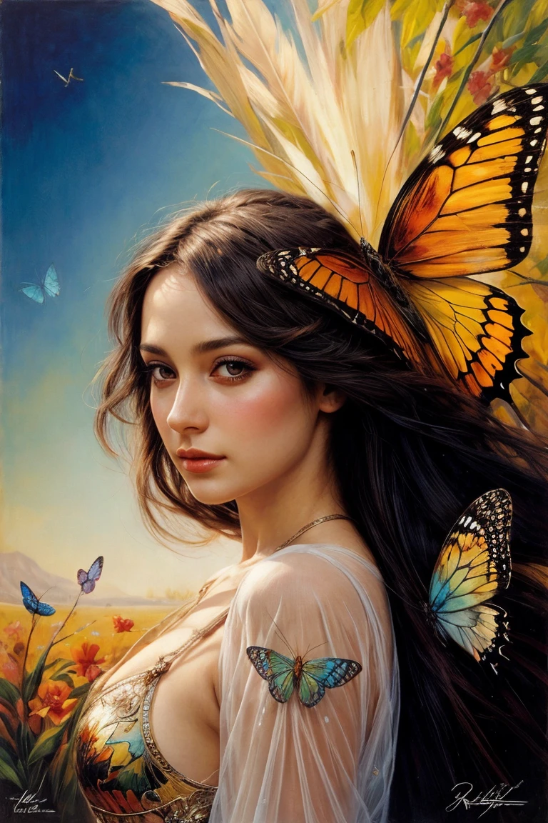 art by Karol Bak Rainbow on a Butterfly: Capture the moment when sunlight kisses the wings of a butterfly, displaying a miniature rainbow. (close-up, natural, iridescent tones)