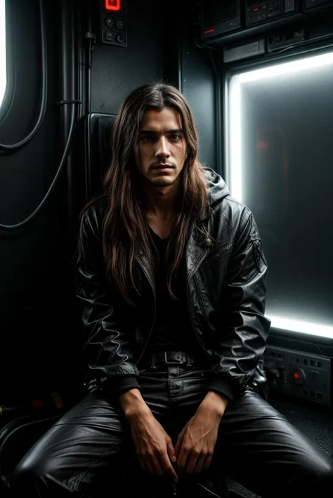 a man sitting, (medium closeup:0.6), long hair, cyberpunk room