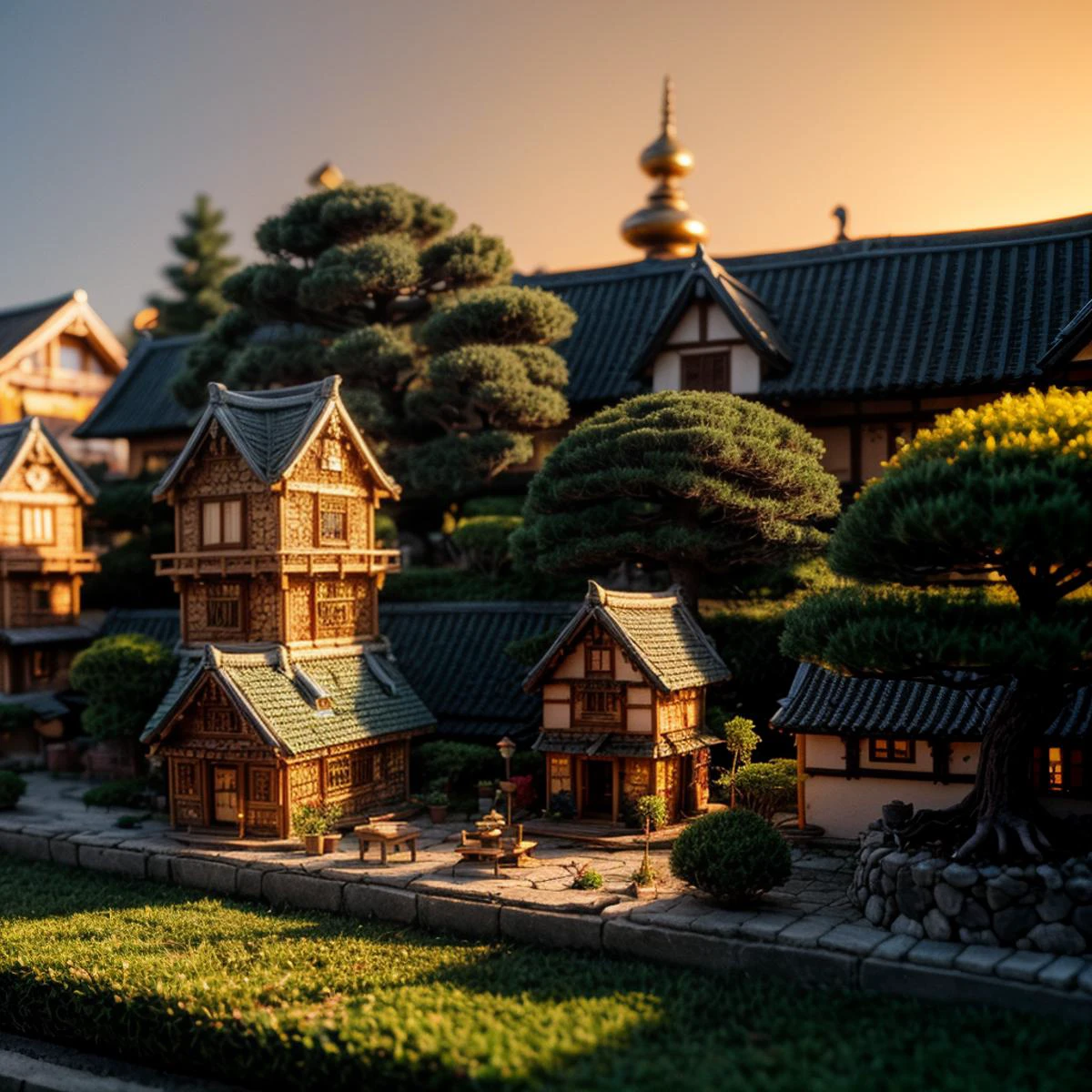 extremely detailed micro photo of a miniature village made of houses and bonsai trees in golden hour