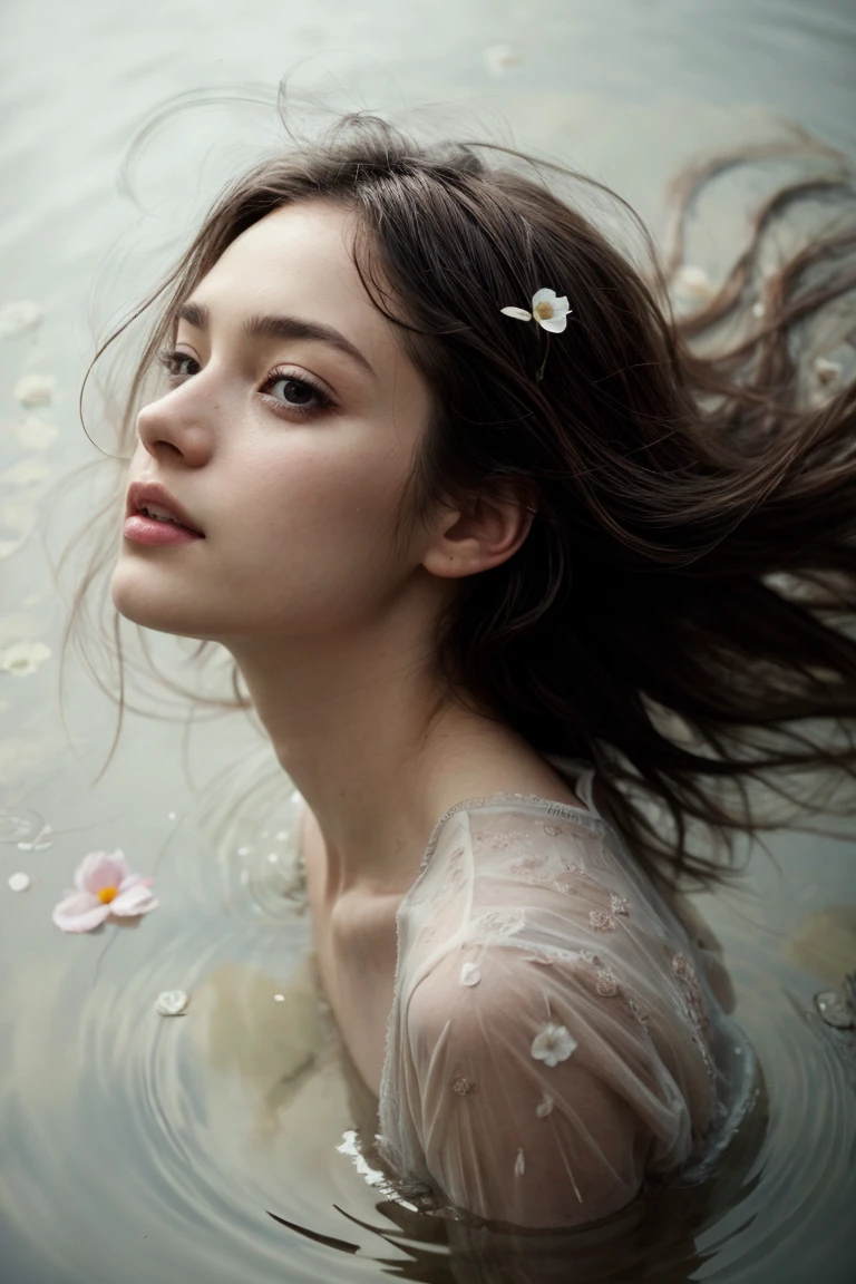 art by Agnes Cecile Petals in Rain Puddles: Witness the delicate petals of flowers floating gracefully in rain puddles, creating ephemeral works of art. (close-up, natural, reflective tones)