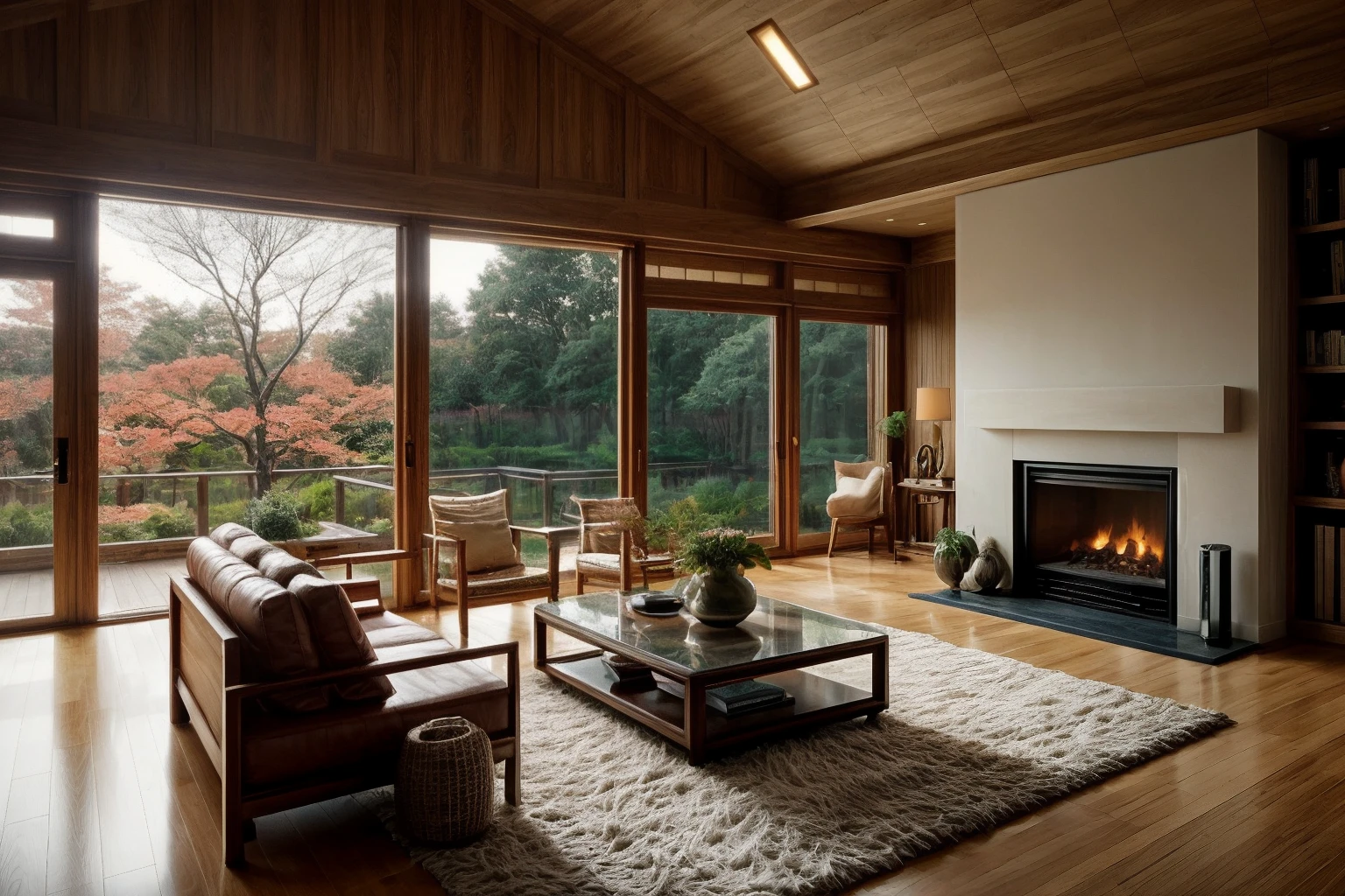 Through a digital illustration inspired by the works of Studio Ghibli, the contemporary living room designed by renowned Japanese architects comes to life. The room seamlessly blends modern aesthetics with the elegance of walnut wood, showcasing the influence of Hayao Miyazaki's imaginative storytelling. The wooden elements exude a sense of organic harmony, reflecting the mastery of Shigeru Ban's architectural vision. The color palette features a balance of muted tones and rich browns, evoking a tranquil ambiance. The characters' expressions reveal a mix of wonder and serenity, harmonizing with the ethereal atmosphere. Soft, diffused lighting bathes the scene, creating an enchanting and peaceful environment