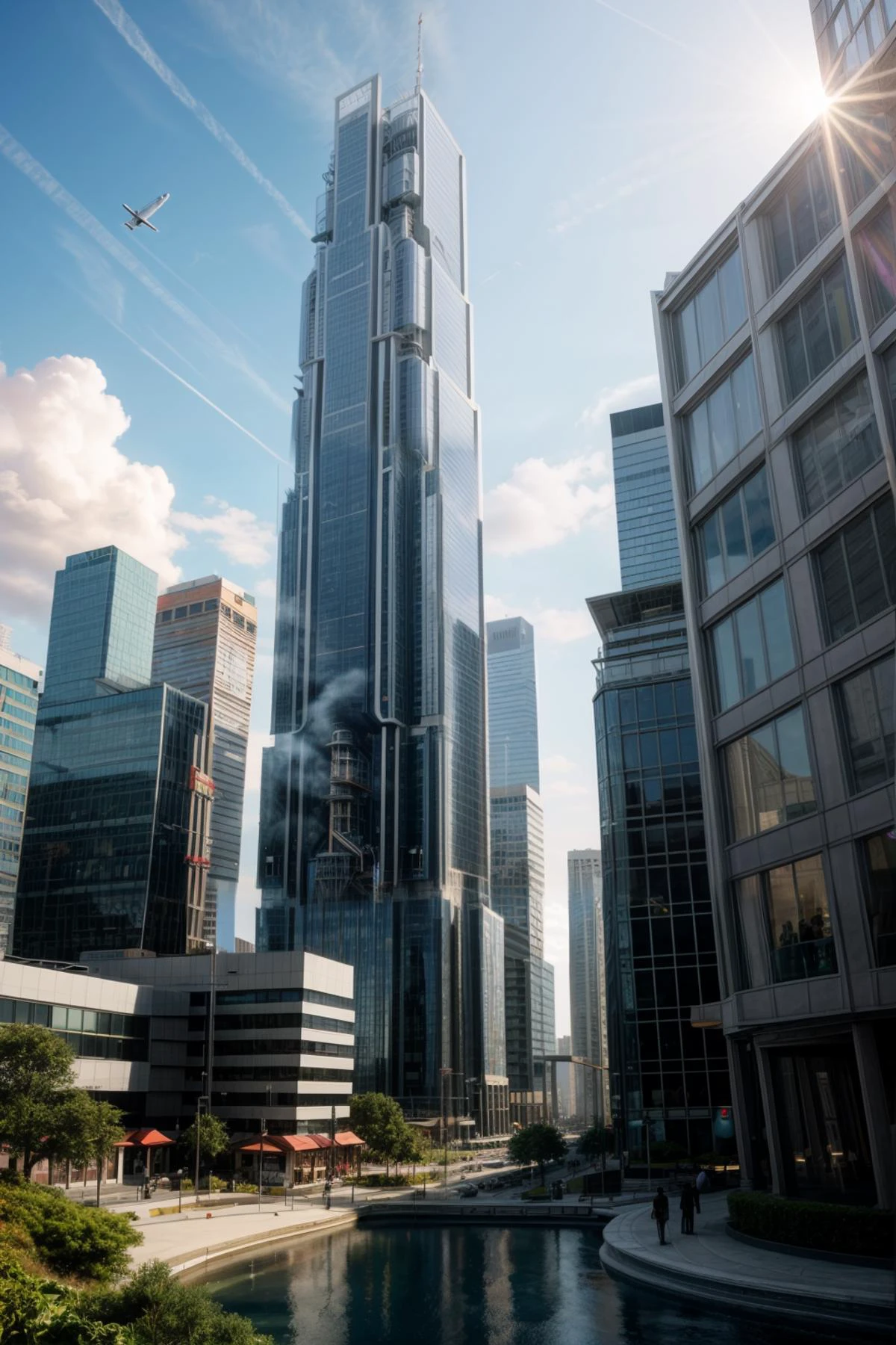 Through a digital illustration inspired by the works of Studio Ghibli, the futuristic skyscraper twists and turns over the cityscape, showcasing its creative design and engineering. The skyscraper is composed of sleek glass and metal, reflecting the light and the surrounding buildings. The influence of Hayao Miyazaki’s imaginative storytelling is evident in the unconventional shapes and angles, such as the zigzag staircase, the hexagonal windows, and the flying vehicles. The skyscraper expresses a sense of originality and innovation, reflecting the vision of its creator, a renowned Japanese architect. The color palette features a contrast of cool blues and warm oranges, creating a vibrant and energetic mood. The characters’ expressions reveal a mix of awe and admiration, matching the impressive atmosphere. Sharp, direct lighting highlights the scene, emphasizing the uniqueness and sophistication of the skyscraper.