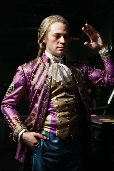 ((Wolfgang Amadeus Mozart on a rave)), dxhr style, neon lights