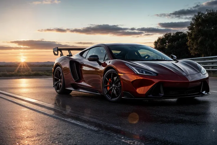 photo of a supercar, 8k uhd, high quality, road, sunset, motion blur, depth blur, cinematic, filmic image 4k, 8k. Natural sunlight, vibrant color, reflections