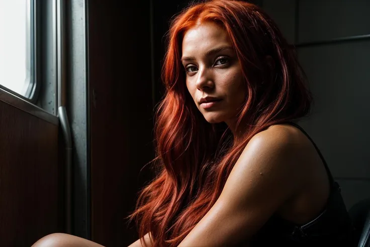 a red haired woman sitting, tanned, medium closeup, long hair, cyberpunk room