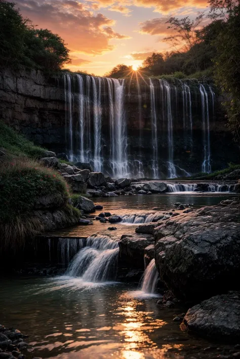 waterfall, sunset, cinematic