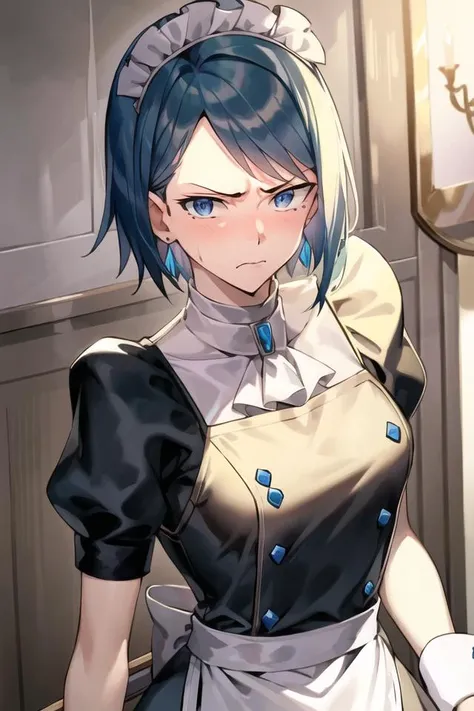 best quality, masterpiece, <lora:franziska_von_karma-10:0.8>,franziskavkarma, solo, 1girl,,embarrassed, maid headdress, maid apron, maid, facing viewer, annoyed,