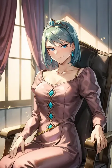 best quality, masterpiece, <lora:franziska_von_karma-10:0.8>,franziskavkarma, solo, 1girl,heads_together,tiara, jewelry, smirk, throne, sitting, pink dress,