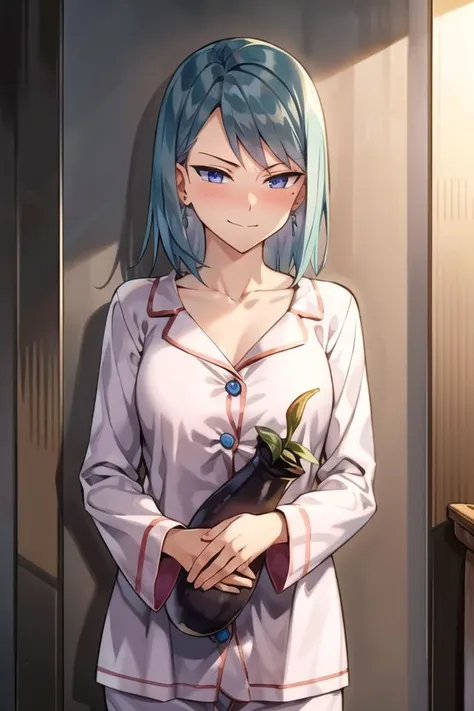 best quality, masterpiece, <lora:franziska_von_karma-10:0.8>,franziskavkarma, solo, 1girl,pajamas, holding, ( eggplant), smirk, blush,